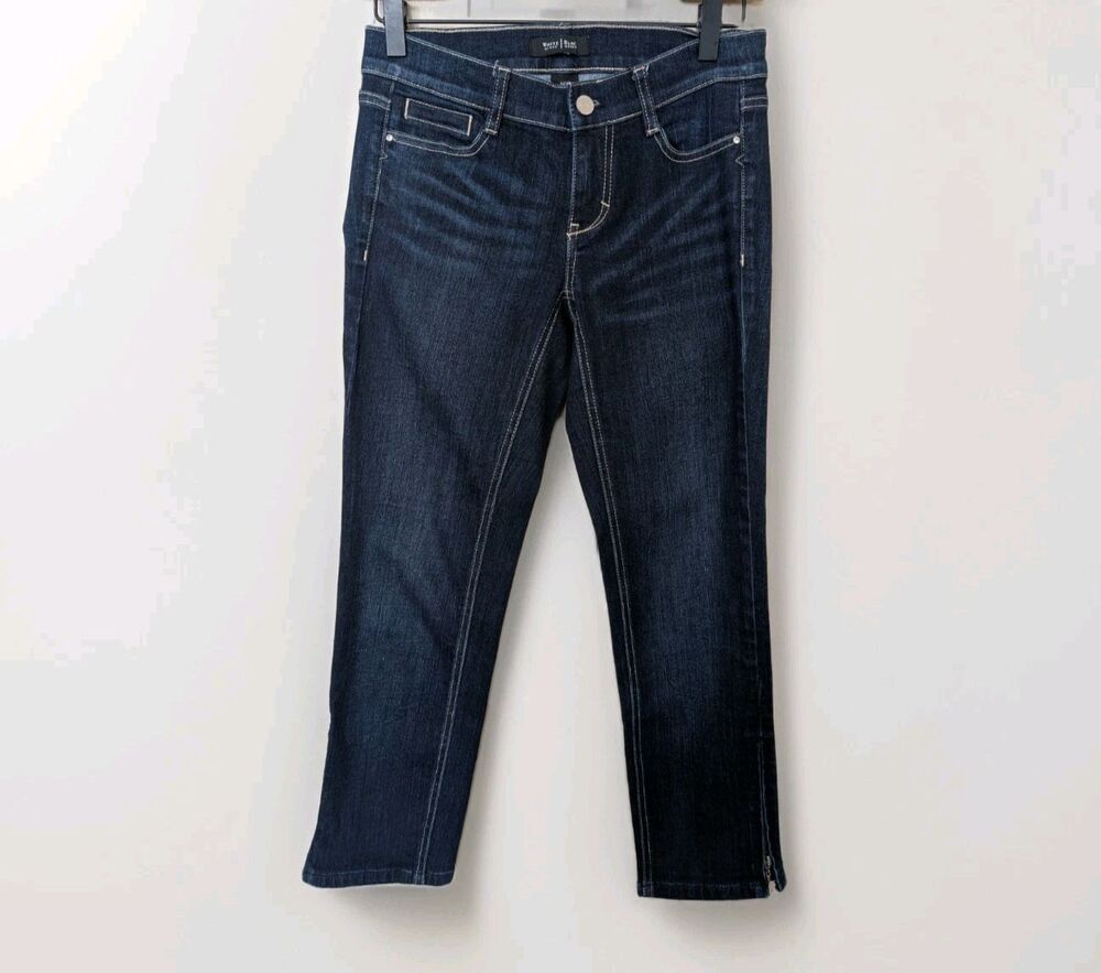 White House Black Market Jeans Womens 00 Noir Slim Capri Blue Zip Rhinestone